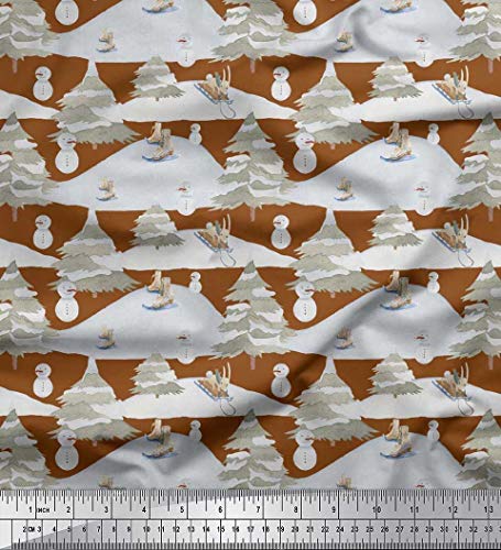 Soimoi Marrón satinado modal Tela patines muñeco de nieve, árbol y de hielo tema de invierno tela artesanal impresa por metro 42 Pulgadas de ancho