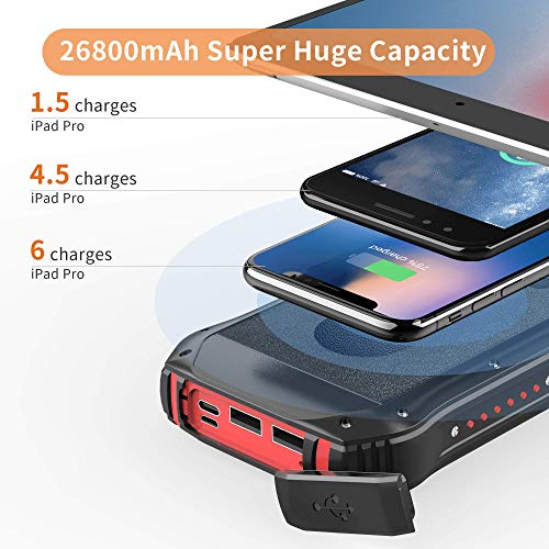 Solar PowerBank 26800mAh Cargador Solar, QI Carga inalámbrico, batería Externa de 4 Puertos (USB/QI), Carga rápida 3.1A Tipo C para Tabletas, Teléfono móvil, Linterna LED 18 para Viajes de Campamento Solar PowerBank 26800mAh Cargador Solar, QI Carga inalámbrico, batería Externa de 4 Puertos (USB/QI), Carga rápida 3.1A Tipo C para Tabletas, Teléfono móvil, Linterna LED 18 para Viajes de Campamento
