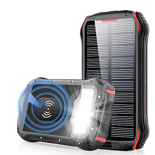 Solar PowerBank 26800mAh Cargador Solar, QI Carga inalámbrico, batería Externa de 4 Puertos (USB/QI), Carga rápida 3.1A Tipo C para Tabletas, Teléfono móvil, Linterna LED 18 para Viajes de Campamento
