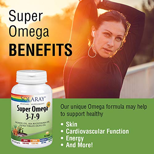 Solaray Super Omega 3-7-9 | Aceite de Salmón, Aceite de Espino Amarillo, Aceite de Oliva Virgen Extra | 120 Perlas