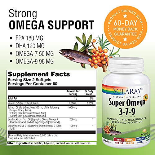 Solaray Super Omega 3-7-9 | Aceite de Salmón, Aceite de Espino Amarillo, Aceite de Oliva Virgen Extra | 120 Perlas