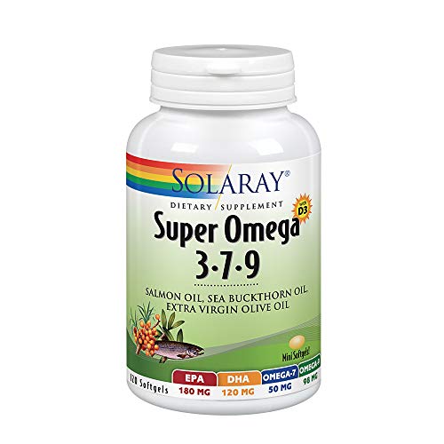 Solaray Super Omega 3-7-9 | Aceite de Salmón, Aceite de Espino Amarillo, Aceite de Oliva Virgen Extra | 120 Perlas