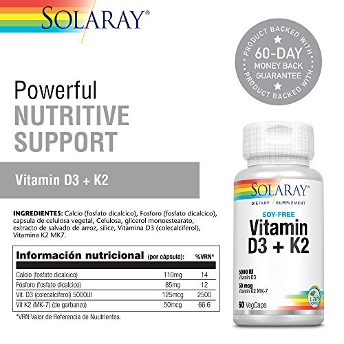 Solaray Vitamina D3 + K2 | Favorece la absorción de calcio y apoya al sistema cardiovascular y arterial | Sin Soja, gluten | Apto para Vegetarianos | 60 VegCap Solaray Vitamina D3 + K2 | Favorece la absorción de calcio y apoya al sistema cardiovascular y arterial | Sin Soja, gluten | Apto para Vegetarianos | 60 VegCap