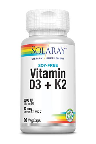 Solaray Vitamina D3 + K2 | Favorece la absorción de calcio y apoya al sistema cardiovascular y arterial | Sin Soja, gluten | Apto para Vegetarianos | 60 VegCap Solaray Vitamina D3 + K2 | Favorece la absorción de calcio y apoya al sistema cardiovascular y arterial | Sin Soja, gluten | Apto para Vegetarianos | 60 VegCap