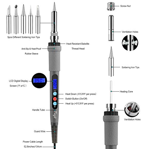 Soldador de Estaño, Fuyit Profesional Soldador Electronica con Escritura LCD, 60W Temperatura Regulable 180〜480℃/356〜896℉