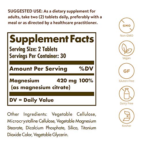 Solgar Citrato de Magnesio, Función Muscular y Reducción de la Fatiga, Apto para Veganos, 120 Comprimidos