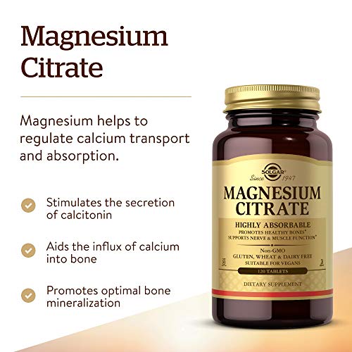Solgar Citrato de Magnesio, Función Muscular y Reducción de la Fatiga, Apto para Veganos, 120 Comprimidos