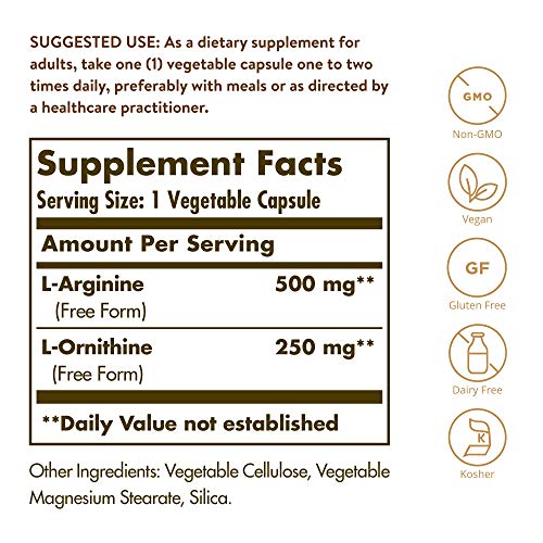 Solgar L-Arginina 500 mg/L-Ornitina Cápsulas vegetales de 250 mg - Envase de 50 Solgar L-Arginina 500 mg/L-Ornitina Cápsulas vegetales de 250 mg - Envase de 50