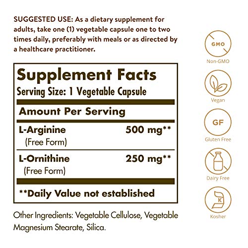 Solgar L-Arginina 500 mg/L-Ornitina Cápsulas vegetales de 250 mg - Envase de 50