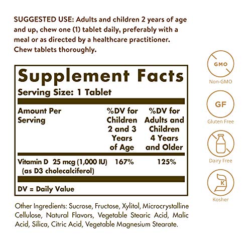 Solgar Vitamina D3 1000 UI (25 µg) Comprimidos masticables - Envase de 100 Solgar Vitamina D3 1000 UI (25 µg) Comprimidos masticables - Envase de 100