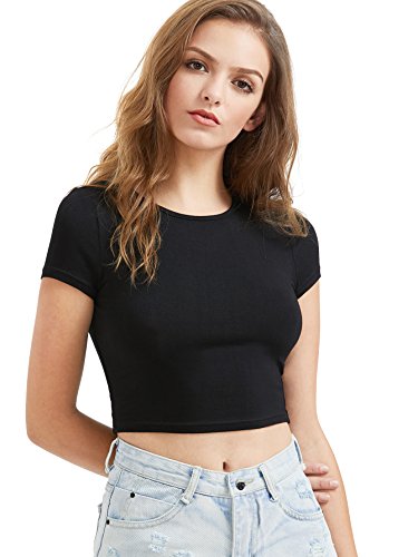 SOLYHUX Camiseta para Mujer Casual Elástico Alto Manga Corta Cuello Redondo Crop Top y Camiseta Corta Ajustada Negro S