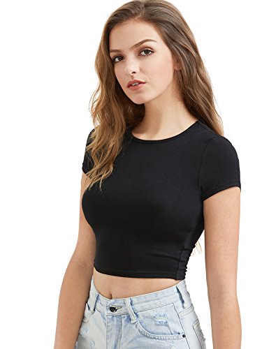 SOLYHUX Camiseta para Mujer Casual Elástico Alto Manga Corta Cuello Redondo Crop Top y Camiseta Corta Ajustada Negro S