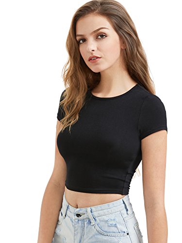 SOLYHUX Camiseta para Mujer Casual Elástico Alto Manga Corta Cuello Redondo Crop Top y Camiseta Corta Ajustada Negro S SOLYHUX Camiseta para Mujer Casual Elástico Alto Manga Corta Cuello Redondo Crop Top y Camiseta Corta Ajustada Negro S