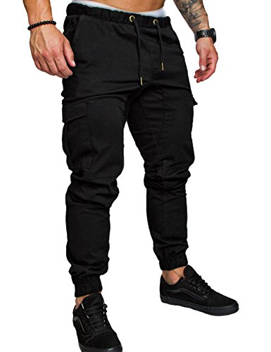 SOMTHRON Hombre Cinturón de Cintura elástico Pantalones de chándal de algodón Largo Jogging Pantalones de Carga Deportiva de Talla Grande Pantalones Cortos con Bolsillos Pantalones (BL-M)