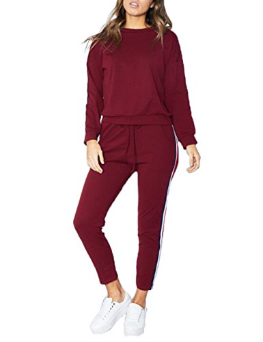 SOMTHRON Mujer Conjunto de chándal de Mujer otoño Invierno con 2 Rayas Mangas largas + Pantalones Traje Deportivo Casual Gimnasio Vida Cotidiana(WR,L)