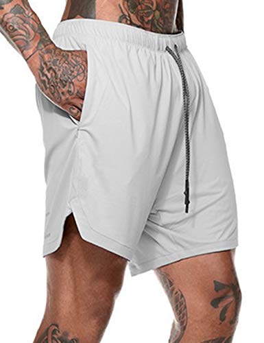 SOMTHRON - Pantalones cortos 2 en 1 para hombre, de secado rápido, para correr, fitness, con bolsillos, Primavera-verano, Sin mangas, Hombre, color Color gris., tamaño XL