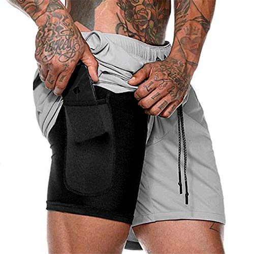 SOMTHRON - Pantalones cortos 2 en 1 para hombre, de secado rápido, para correr, fitness, con bolsillos, Primavera-verano, Sin mangas, Hombre, color Color gris., tamaño XL