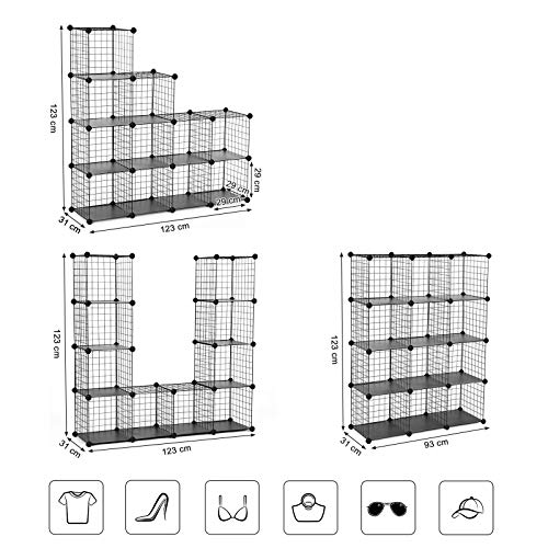 SONGMICS Armario Modular de Malla de Hierro, Armario de Almacenaje, Estantería Modulable, Organizador Multiuso, 4 Niveles, 3 Filas, con 1 Martillo de Goma Gratuito, 93 x 31 x 123 cml, Negro LPI34H