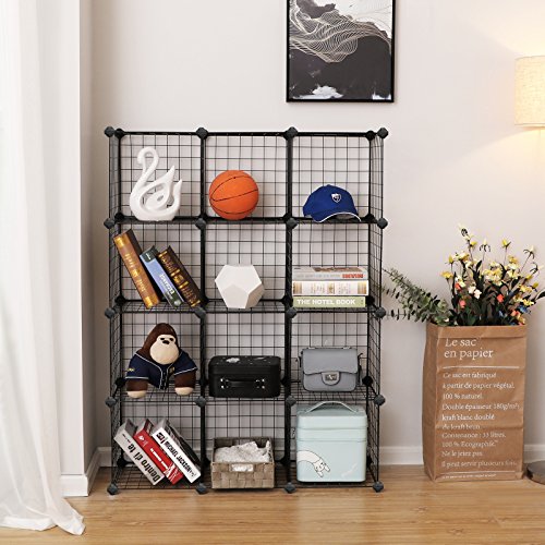 SONGMICS Armario Modular de Malla de Hierro, Armario de Almacenaje, Estantería Modulable, Organizador Multiuso, 4 Niveles, 3 Filas, con 1 Martillo de Goma Gratuito, 93 x 31 x 123 cml, Negro LPI34H