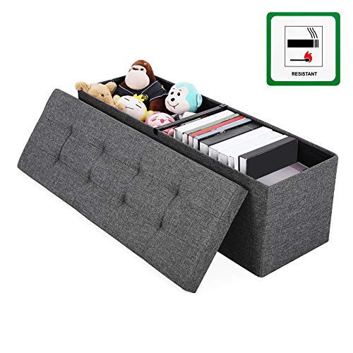 SONGMICS Banco con Espacio de Almacenamiento, Cofre, Caja de Almacenamiento, Plegable, Carga Estática Máx. 300 kg, 120 L, 110 x 38 x 38 cm, Imitación Lino, Gris Oscuro LSF77K