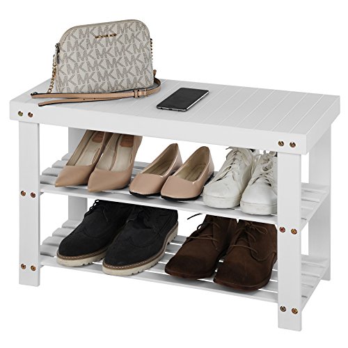 SONGMICS Banco Zapatero de bambú, Estantería para Zapatos con 3 estantes, 70 x 28 x 45 cm Ideal para Entrada, Baño, Sala de Estar, Pasillo, Blanco LBS04B