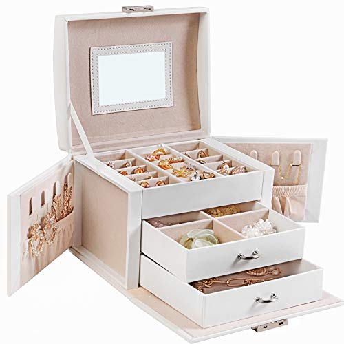 SONGMICS Caja de Joyería, Estuche de Viaje, Portátil, Organizador de Joyas con Cerradura con 2 Cajones, Espejo, Cerradura y Llaves, Idea de Regalo, Blanco JBC154W01