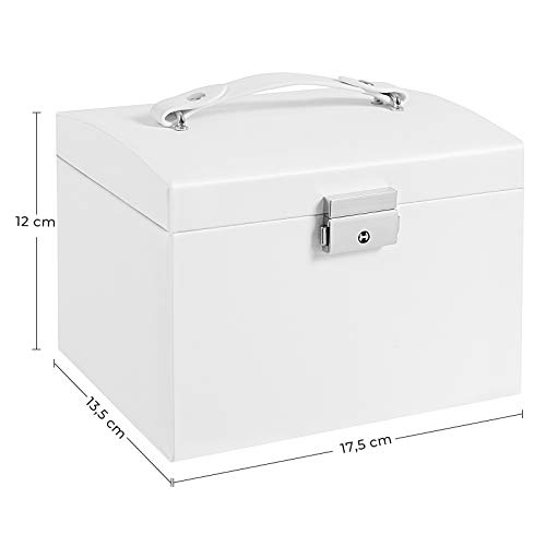 SONGMICS Caja de Joyería, Estuche de Viaje, Portátil, Organizador de Joyas con Cerradura con 2 Cajones, Espejo, Cerradura y Llaves, Idea de Regalo, Blanco JBC154W01