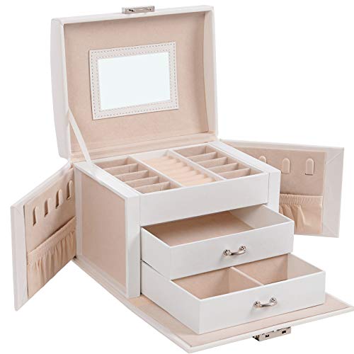 SONGMICS Caja de Joyería, Estuche de Viaje, Portátil, Organizador de Joyas con Cerradura con 2 Cajones, Espejo, Cerradura y Llaves, Idea de Regalo, Blanco JBC154W01