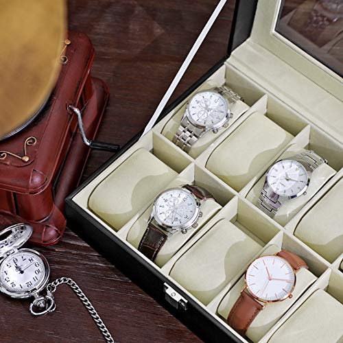 SONGMICS Caja de Relojes con 10 Compartimientos,Estuche de Madera, Tapa de Vidrio, Almohadillas Extraíbles, Forro de Terciopelo, Cierre de Metal, Piel Sintética Negra, Forro Beige JWB010