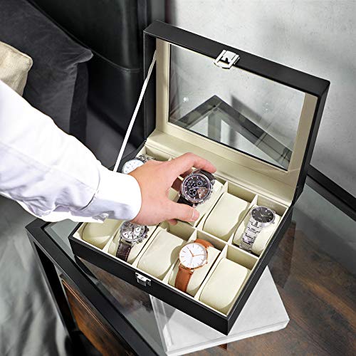 SONGMICS Caja de Relojes con 10 Compartimientos,Estuche de Madera, Tapa de Vidrio, Almohadillas Extraíbles, Forro de Terciopelo, Cierre de Metal, Piel Sintética Negra, Forro Beige JWB010 SONGMICS Caja de Relojes con 10 Compartimientos,Estuche de Madera, Tapa de Vidrio, Almohadillas Extraíbles, Forro de Terciopelo, Cierre de Metal, Piel Sintética Negra, Forro Beige JWB010