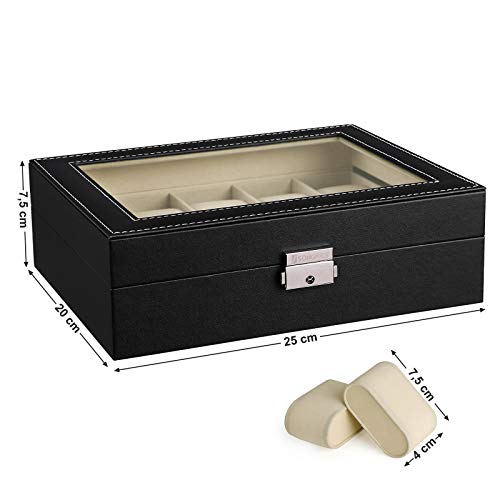 SONGMICS Caja de Relojes con 10 Compartimientos,Estuche de Madera, Tapa de Vidrio, Almohadillas Extraíbles, Forro de Terciopelo, Cierre de Metal, Piel Sintética Negra, Forro Beige JWB010