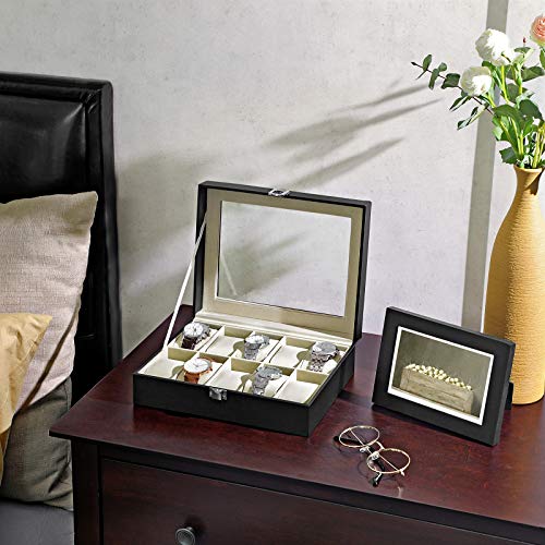 SONGMICS Caja de Relojes con 10 Compartimientos,Estuche de Madera, Tapa de Vidrio, Almohadillas Extraíbles, Forro de Terciopelo, Cierre de Metal, Piel Sintética Negra, Forro Beige JWB010 SONGMICS Caja de Relojes con 10 Compartimientos,Estuche de Madera, Tapa de Vidrio, Almohadillas Extraíbles, Forro de Terciopelo, Cierre de Metal, Piel Sintética Negra, Forro Beige JWB010