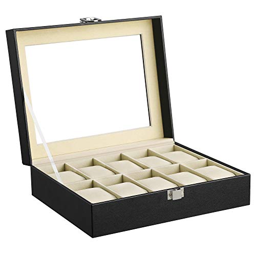 SONGMICS Caja de Relojes con 10 Compartimientos,Estuche de Madera, Tapa de Vidrio, Almohadillas Extraíbles, Forro de Terciopelo, Cierre de Metal, Piel Sintética Negra, Forro Beige JWB010