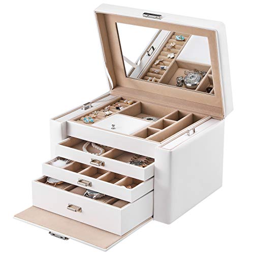 SONGMICS Caja joyero PU Organizador para aretes anillos relojes pendientes con espejo 3 cajones bandejas laterales 29,5 x 21,8 x 19,5 cm, Blanco JBC04W