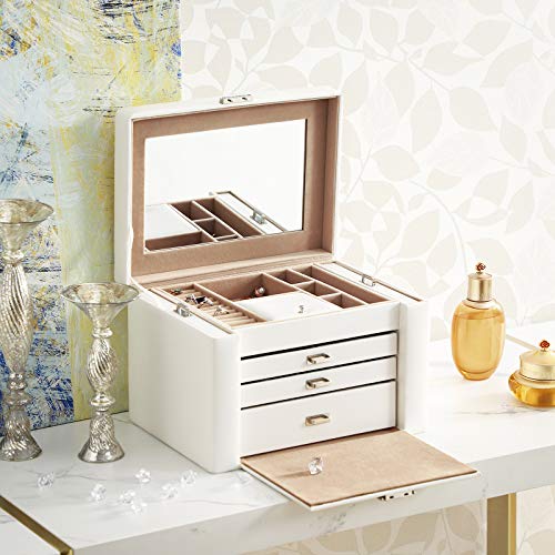 SONGMICS Caja joyero PU Organizador para aretes anillos relojes pendientes con espejo 3 cajones bandejas laterales 29,5 x 21,8 x 19,5 cm, Blanco JBC04W SONGMICS Caja joyero PU Organizador para aretes anillos relojes pendientes con espejo 3 cajones bandejas laterales 29,5 x 21,8 x 19,5 cm, Blanco JBC04W