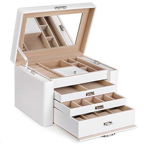 SONGMICS Caja joyero PU Organizador para aretes anillos relojes pendientes con espejo 3 cajones bandejas laterales 29,5 x 21,8 x 19,5 cm, Blanco JBC04W