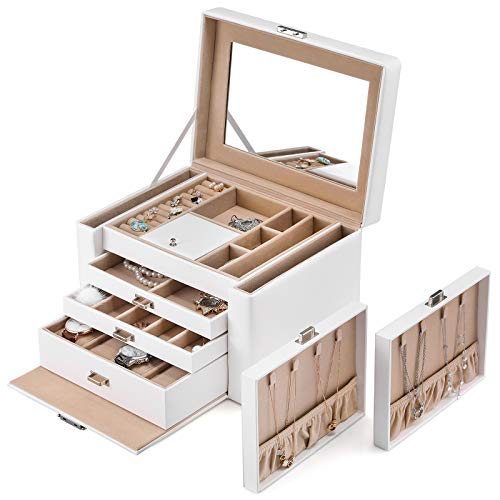 SONGMICS Caja joyero PU Organizador para aretes anillos relojes pendientes con espejo 3 cajones bandejas laterales 29,5 x 21,8 x 19,5 cm, Blanco JBC04W