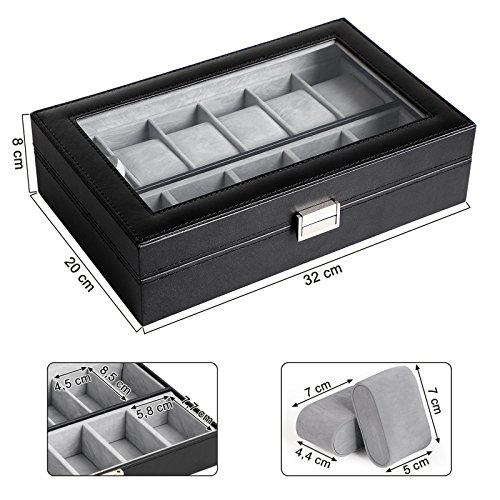 SONGMICS Caja para Relojes, Estuche para Relojes, Organizador de Relojes, Compartimentos Grandes, Forro de Terciopelo, Tapa de Vidrio, Regalo, Negro JWB14BK