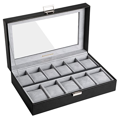 SONGMICS Caja para Relojes, Estuche para Relojes, Organizador de Relojes, Compartimentos Grandes, Forro de Terciopelo, Tapa de Vidrio, Regalo, Negro JWB14BK SONGMICS Caja para Relojes, Estuche para Relojes, Organizador de Relojes, Compartimentos Grandes, Forro de Terciopelo, Tapa de Vidrio, Regalo, Negro JWB14BK