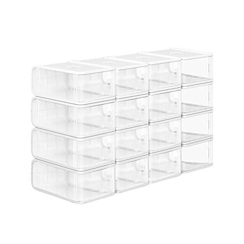 SONGMICS Cajas de Plástico para Zapatos, Paquete de 16, Organizador de Almacenamiento de Zapatos Apilable con Puerta Frontal, Tamaños hasta 42, 21,5 x 32,5 x 13,5 cm, Transparente LSP16TP