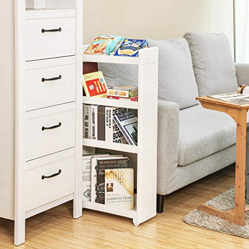 SONGMICS Carrito de Almacenamiento, Carrito de Esquina, Estantería Pequeña con Ruedas, Carrito Estrecho, Estantería de Plástico de 4 Niveles, para Baño y Cocina, 45 x 17 x 91 cm, Blanco KFR10WT SONGMICS Carrito de Almacenamiento, Carrito de Esquina, Estantería Pequeña con Ruedas, Carrito Estrecho, Estantería de Plástico de 4 Niveles, para Baño y Cocina, 45 x 17 x 91 cm, Blanco KFR10WT