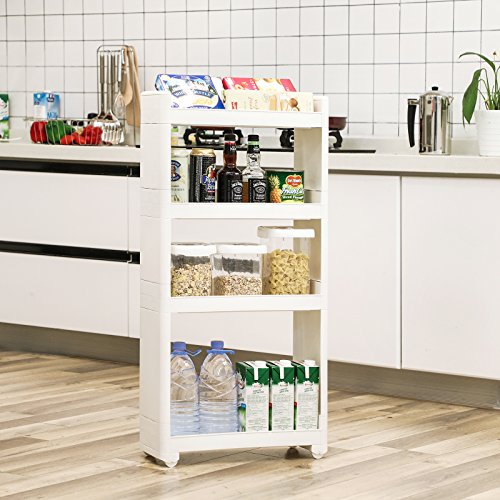SONGMICS Carrito de Almacenamiento, Carrito de Esquina, Estantería Pequeña con Ruedas, Carrito Estrecho, Estantería de Plástico de 4 Niveles, para Baño y Cocina, 45 x 17 x 91 cm, Blanco KFR10WT SONGMICS Carrito de Almacenamiento, Carrito de Esquina, Estantería Pequeña con Ruedas, Carrito Estrecho, Estantería de Plástico de 4 Niveles, para Baño y Cocina, 45 x 17 x 91 cm, Blanco KFR10WT