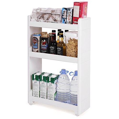SONGMICS Carrito de Cocina con Ruedas, Estantería Multifuncional con 3 Estantes, para Baño, Cocina, Dormitorio, 17 cm de Ancho, KFR09WT SONGMICS Carrito de Cocina con Ruedas, Estantería Multifuncional con 3 Estantes, para Baño, Cocina, Dormitorio, 17 cm de Ancho, KFR09WT
