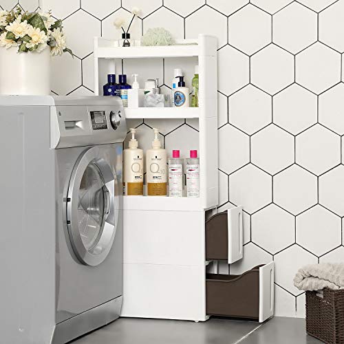 SONGMICS Carrito de Cocina con Ruedas, Estantería Multifuncional, con 3 Estantes y 2 Cajones Carrito Estrecho, para Baño, Cocina, Dormitorio, 17 cm de Ancho KFR06WT SONGMICS Carrito de Cocina con Ruedas, Estantería Multifuncional, con 3 Estantes y 2 Cajones Carrito Estrecho, para Baño, Cocina, Dormitorio, 17 cm de Ancho KFR06WT