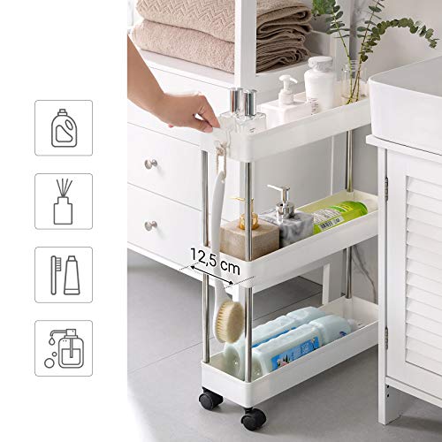 SONGMICS Carro de 3 Estantes Estrecho, Estantería con Ruedas, Carro para el Baño, para la Cocina, 40 x 13 x 60 cm, Blanco KSC007W01