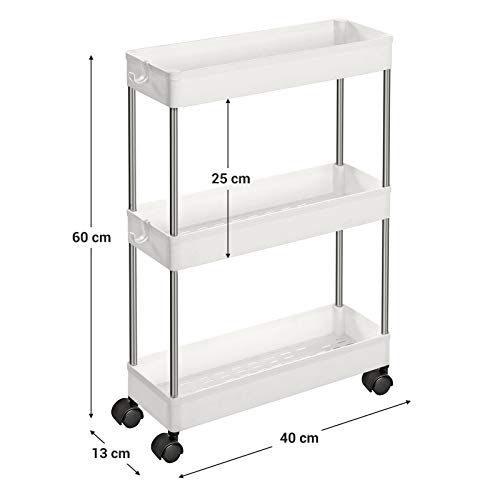 SONGMICS Carro de 3 Estantes Estrecho, Estantería con Ruedas, Carro para el Baño, para la Cocina, 40 x 13 x 60 cm, Blanco KSC007W01 SONGMICS Carro de 3 Estantes Estrecho, Estantería con Ruedas, Carro para el Baño, para la Cocina, 40 x 13 x 60 cm, Blanco KSC007W01