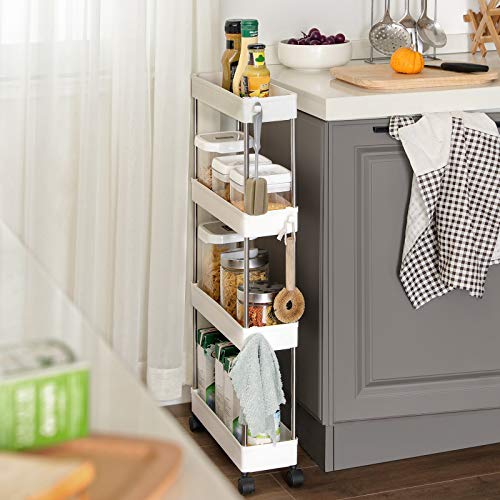 SONGMICS Carro de 4 Estantes Estrecho, Estantería con Ruedas, Carro para el Baño, para la Cocina, 40 x 13 x 86 cm, Blanco KSC08WT SONGMICS Carro de 4 Estantes Estrecho, Estantería con Ruedas, Carro para el Baño, para la Cocina, 40 x 13 x 86 cm, Blanco KSC08WT