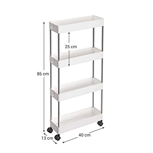 SONGMICS Carro de 4 Estantes Estrecho, Estantería con Ruedas, Carro para el Baño, para la Cocina, 40 x 13 x 86 cm, Blanco KSC08WT