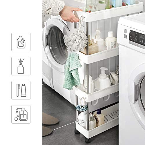 SONGMICS Carro de 4 Estantes Estrecho, Estantería con Ruedas, Carro para el Baño, para la Cocina, 40 x 13 x 86 cm, Blanco KSC08WT SONGMICS Carro de 4 Estantes Estrecho, Estantería con Ruedas, Carro para el Baño, para la Cocina, 40 x 13 x 86 cm, Blanco KSC08WT