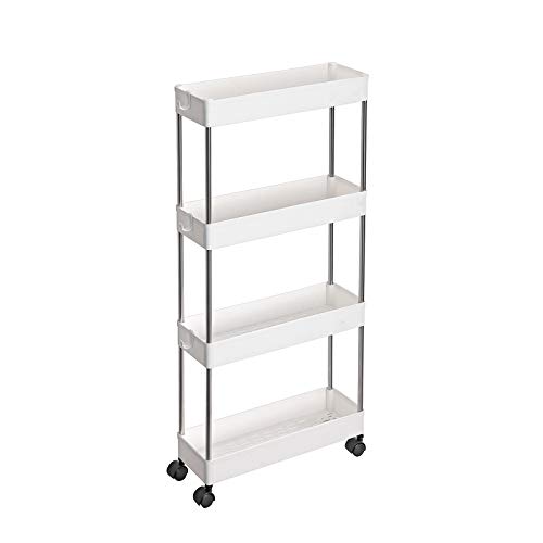 SONGMICS Carro de 4 Estantes Estrecho, Estantería con Ruedas, Carro para el Baño, para la Cocina, 40 x 13 x 86 cm, Blanco KSC08WT SONGMICS Carro de 4 Estantes Estrecho, Estantería con Ruedas, Carro para el Baño, para la Cocina, 40 x 13 x 86 cm, Blanco KSC08WT